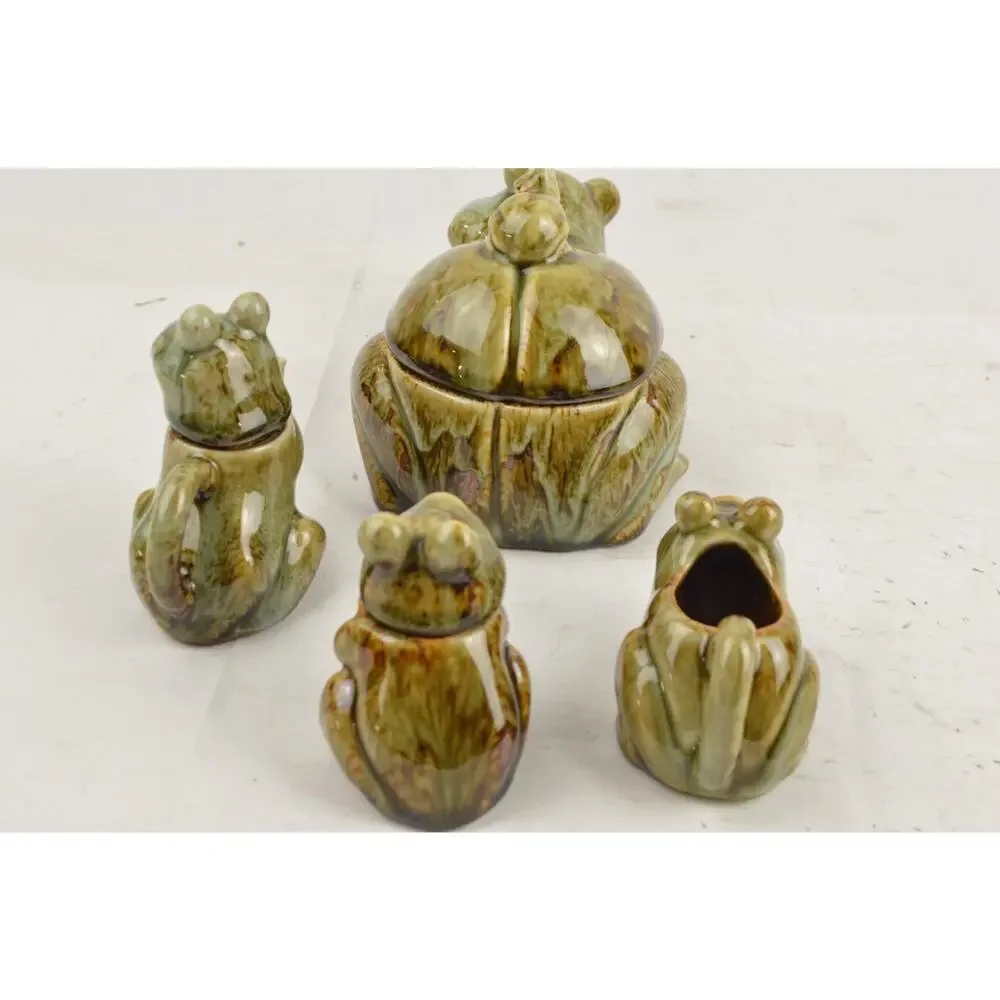 Frog Ceramic Tea Condiment Set x4 Lidded Bowl Sugar Creamer Green Glazed Pottery